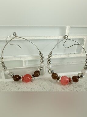 Express Silver Hoop Earrings with Brown, Coral and White Beads